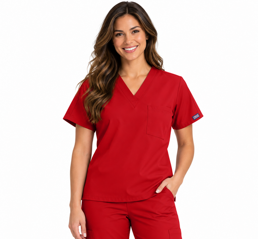 Red Unisex V-Neck Scrub Top